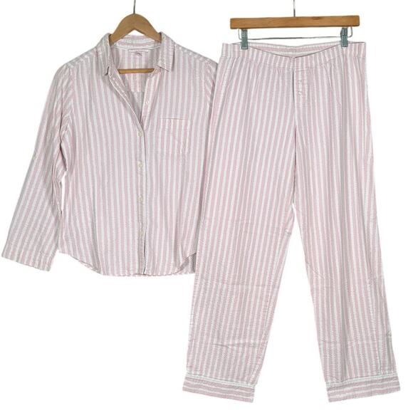 Victoria’s Secret Pink Striped Cotton Pajama Set Button Down Top & Pants Small - Picture 2 of 13